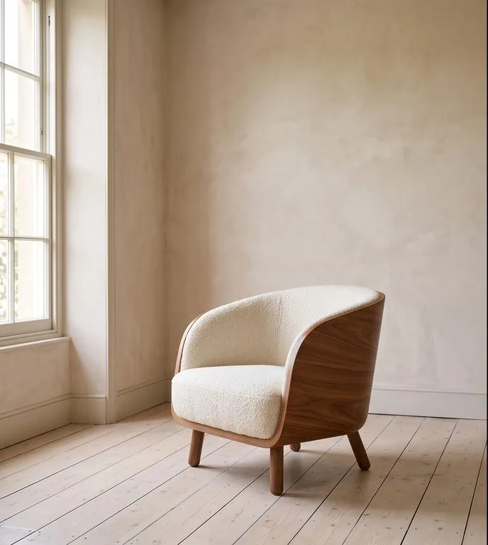 Swivel armchair with cream boucle upholstery inside a curved wood shell, photographed against a plain plaster wall.