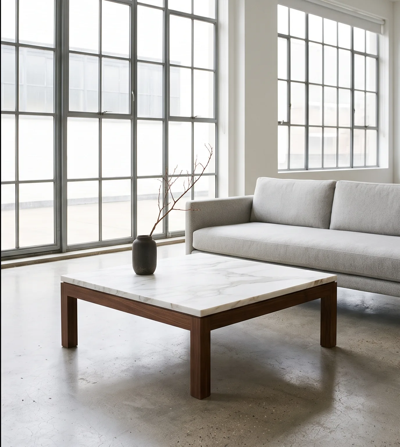 Calacatta marble coffee table on a solid walnut frame in a light-filled sitting room