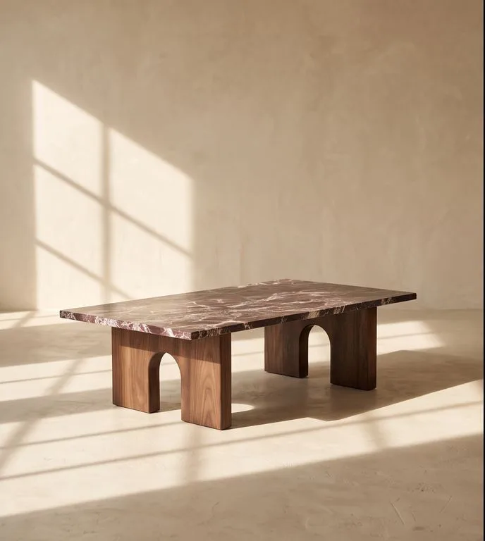 Low coffee table with a veined marble top on an arch-cut wood base, photographed against a plain plaster wall.