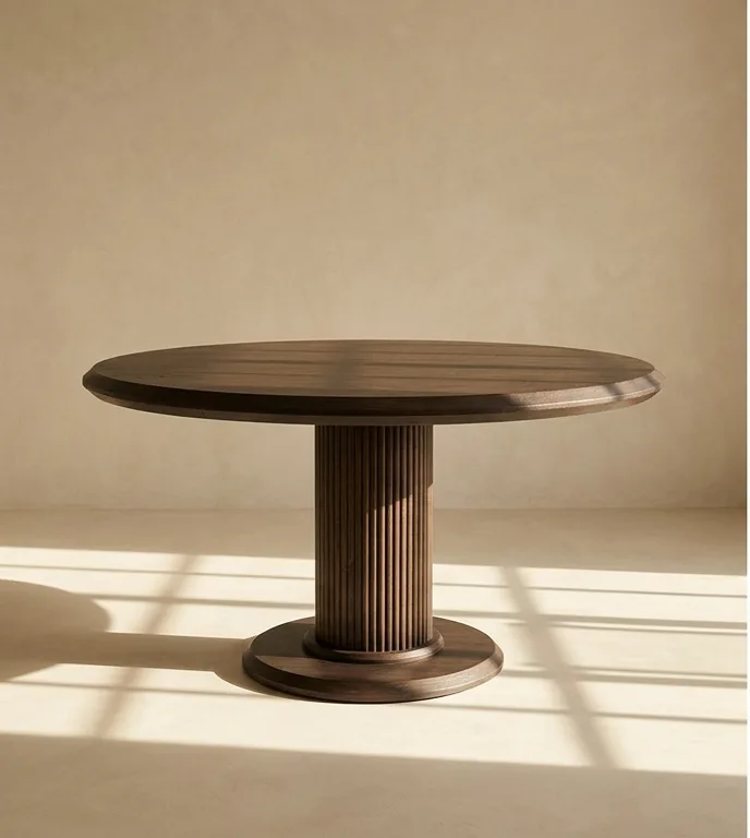 Round dining table on a fluted cylindrical pedestal, photographed against a plain plaster wall.