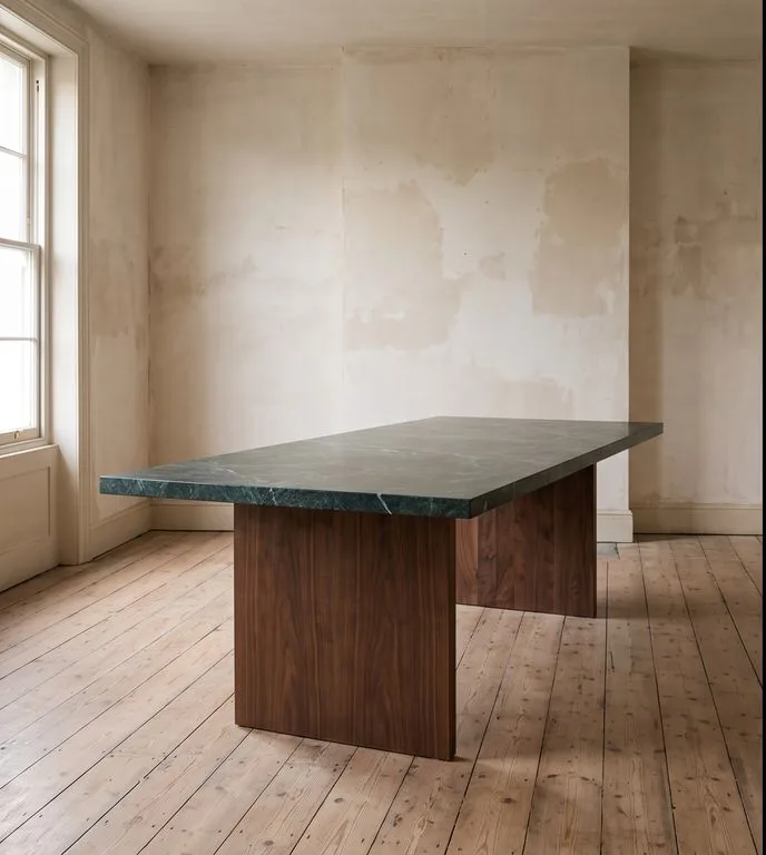 Dining table with a Verde Alpi marble top on two solid walnut plinths, photographed against a plain plaster wall.