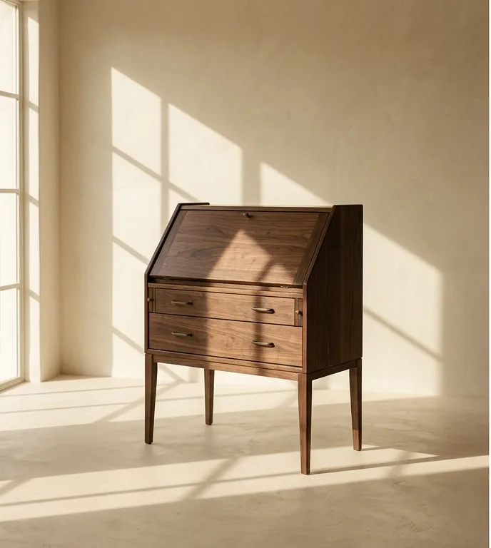 Walnut writing bureau with a sloped fall front and two drawers on tapered legs, photographed against a plain plaster wall.